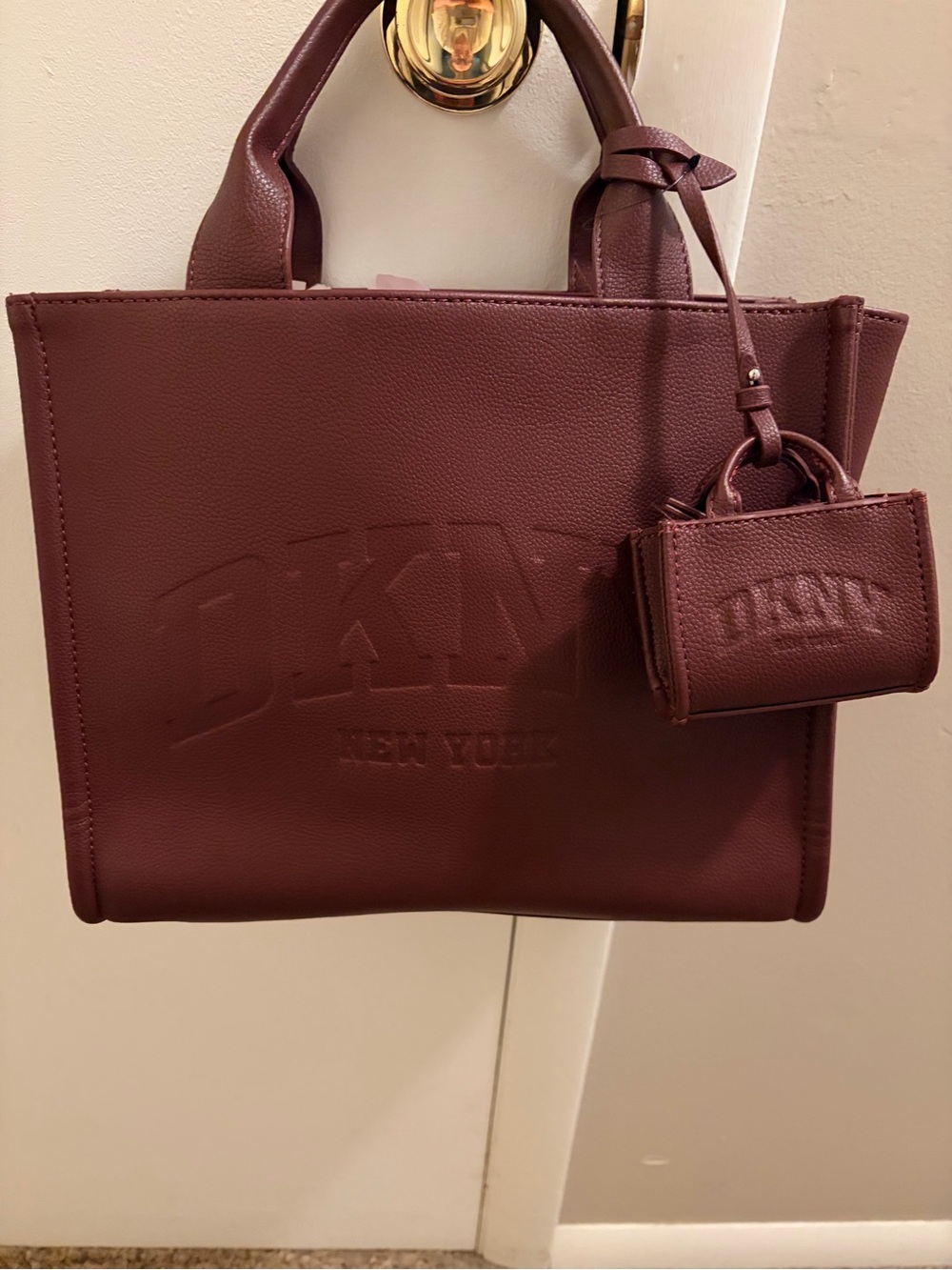 DKNY Hadlee Medium Tote Bag Aged Wine Burgundy Debossed Logo Purse NWOT Charm